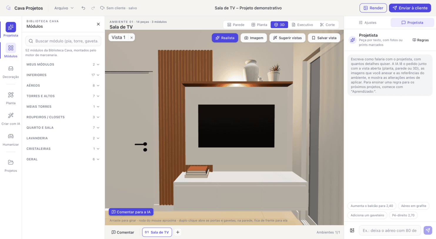 Vista 3D do projeto no editor, com o chat do Projetista ao lado