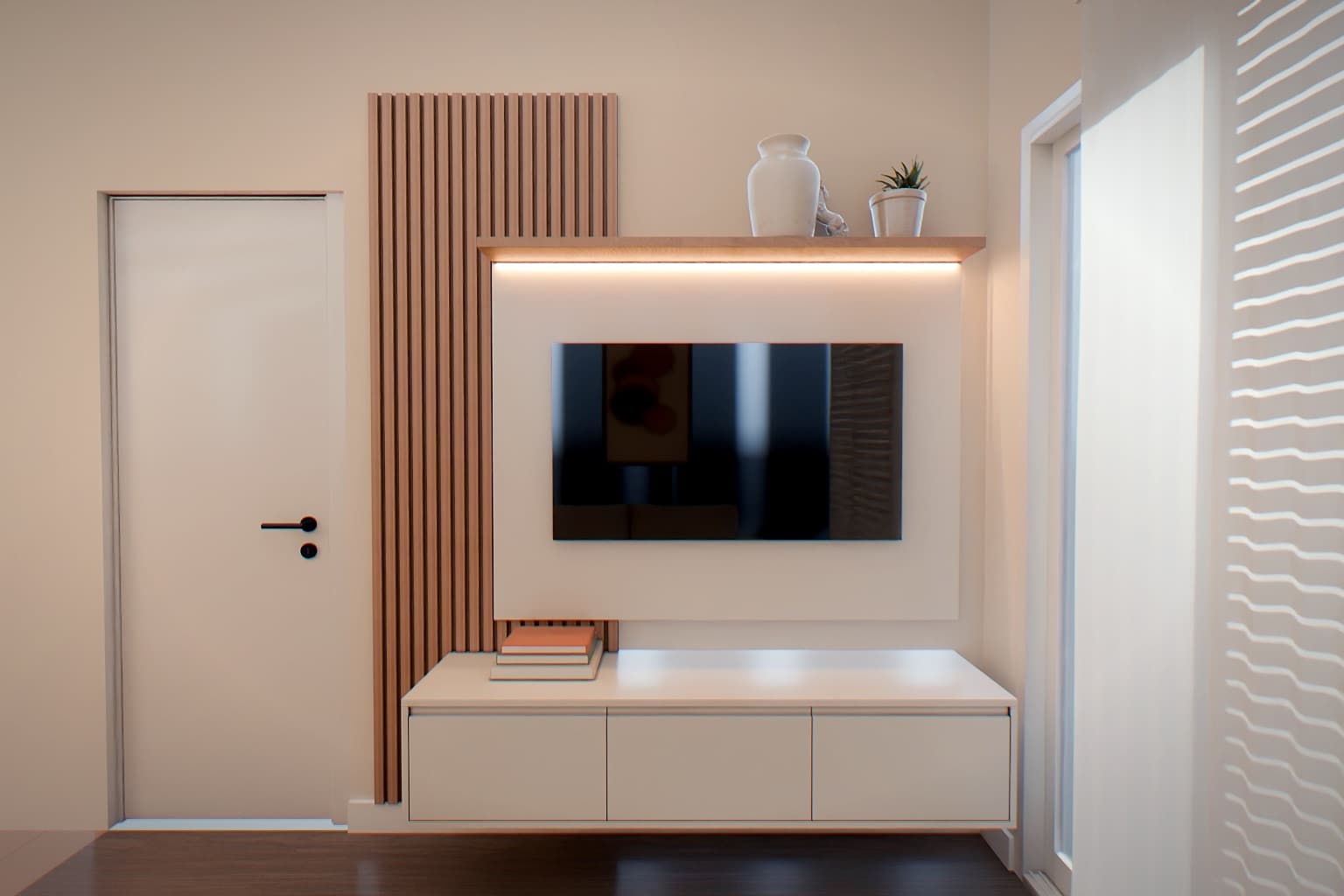 Render de sala de TV feito no Cava Projetos