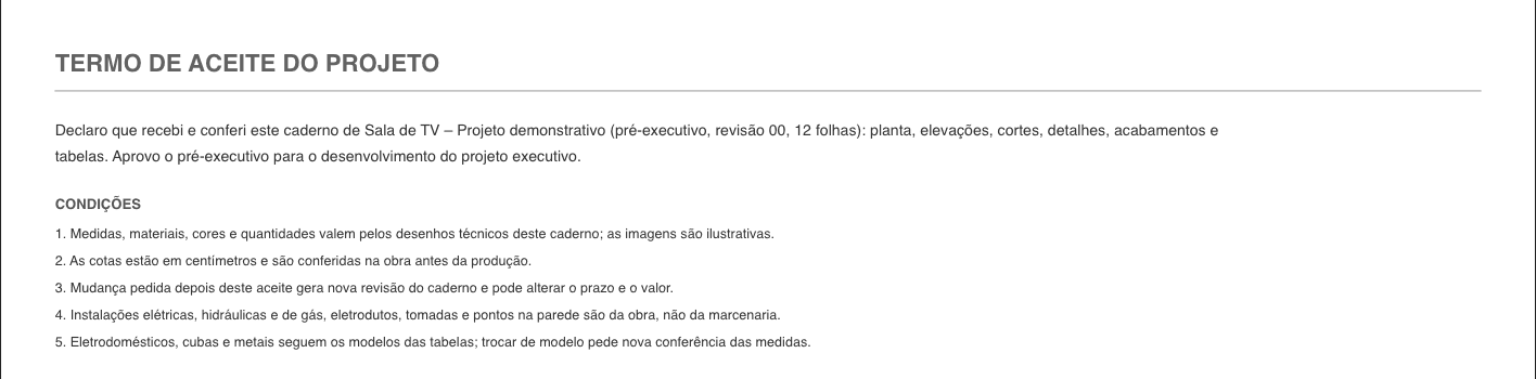 Termo de aceite do projeto, com as condições que o cliente aprova